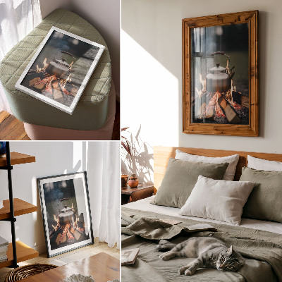 Art print Metallic kettle wood flames nature