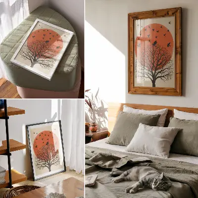 Art print minimalist bird and tree motif with sun