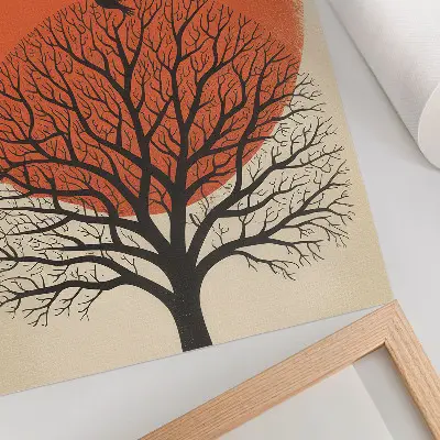 Art print minimalist bird and tree motif with sun