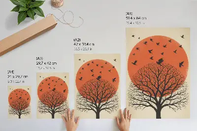 Art print minimalist bird and tree motif with sun