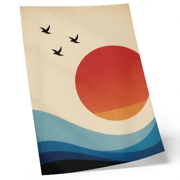 Poster with abstraction of big sun, blue waves, and birds