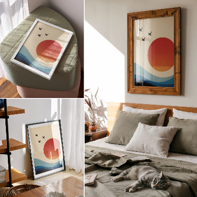 Poster Abstraction big sun blue waves birds