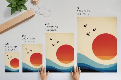 Poster with abstraction of big sun, blue waves, and birds