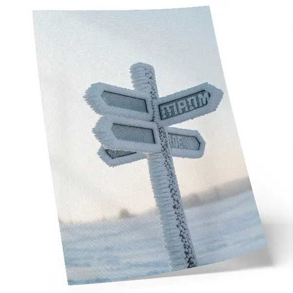 Art print snow-covered directional sign in a minimalist winter style