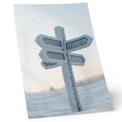Art print snow-covered directional sign in a minimalist winter style