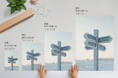 Art print snow-covered directional sign in a minimalist winter style
