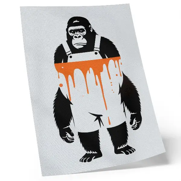 Decorative poster featuring a gorilla in overalls against a vibrant orange background