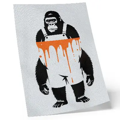 Decorative poster featuring a gorilla in overalls against a vibrant orange background