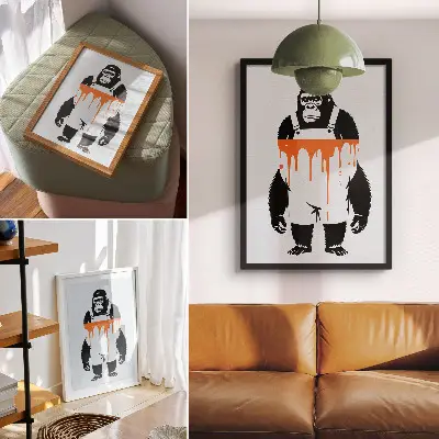 Decorative poster featuring a gorilla in overalls against a vibrant orange background