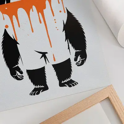 Decorative poster featuring a gorilla in overalls against a vibrant orange background
