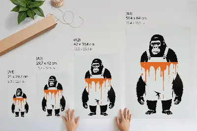 Decorative poster featuring a gorilla in overalls against a vibrant orange background