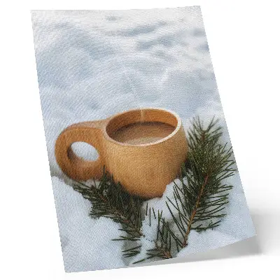 Snowy landscape decorative poster with wooden mug and green twigs