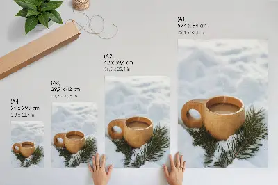 Snowy landscape decorative poster with wooden mug and green twigs
