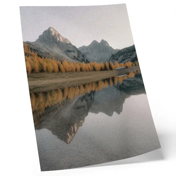 Poster calm lake with autumn trees and mountain reflections