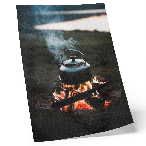 Decorative poster A kettle over a fire in the forest by the lake