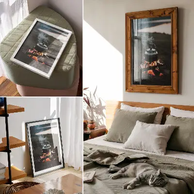 Decorative poster featuring a kettle over a fire in a forest by the lake