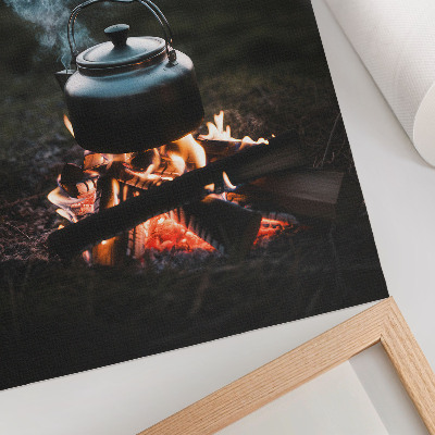 Decorative poster A kettle over a fire in the forest by the lake
