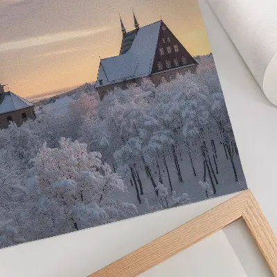 Art print a winter landscape featuring a snow-covered church