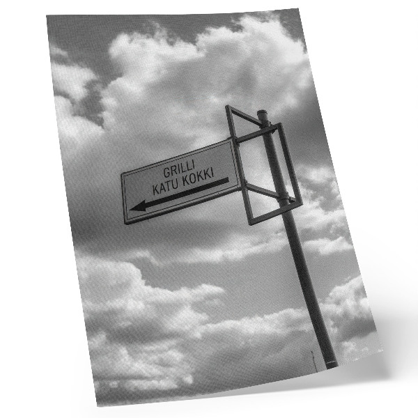 Decorative poster Black and white road sign clouds modernity