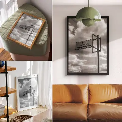 Decorative poster black and white modern road sign with clouds