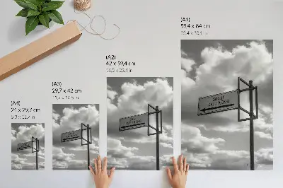 Decorative poster black and white modern road sign with clouds