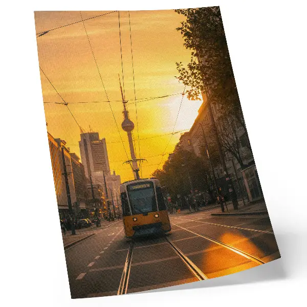 Poster evening city life with electric tram among streets and buildings
