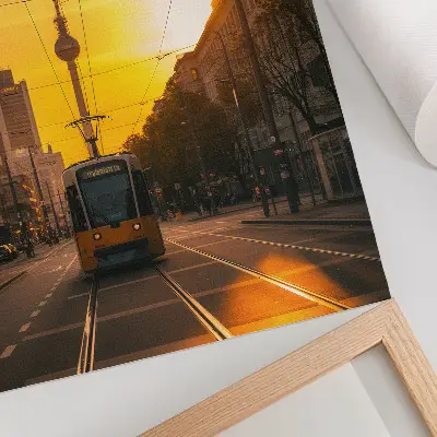 Poster evening city life with electric tram among streets and buildings