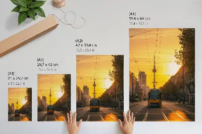 Poster evening city life with electric tram among streets and buildings