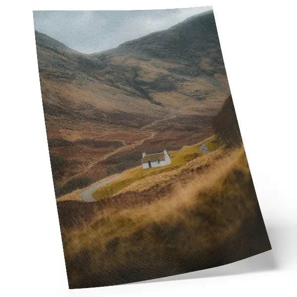 Poster featuring a mountain landscape with a lonely cottage