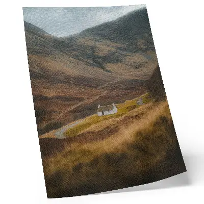 Poster featuring a mountain landscape with a lonely cottage