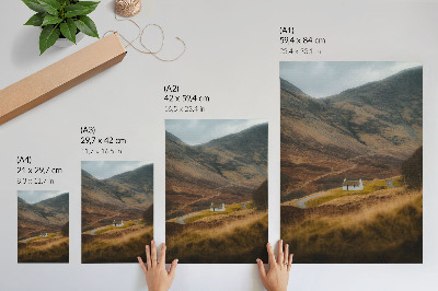 Poster A mountain landscape with a lonely cottage in the middle of nature