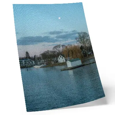 Art print the sky over the lake with houses, the moon, and the trees
