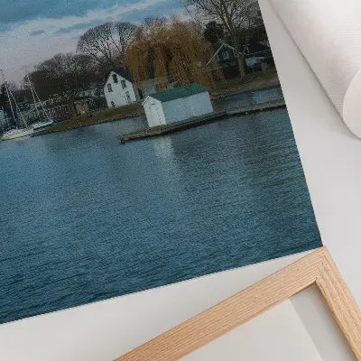 Art print the sky over the lake with houses, the moon, and the trees