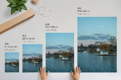 Art print the sky over the lake with houses, the moon, and the trees
