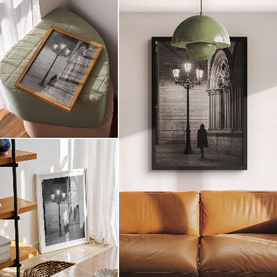 Premium wall art Black and white architecture with a lantern at night