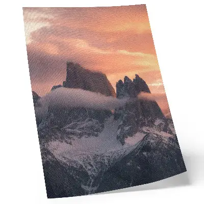 Poster featuring a mysterious foggy mountain landscape at sunset