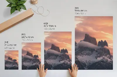 Poster featuring a mysterious foggy mountain landscape at sunset