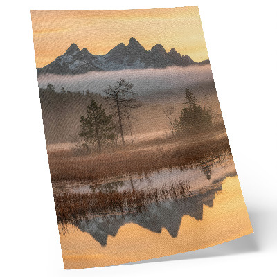 Art print Mountains, trees, fog, calm water, reflection
