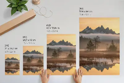 Art print featuring mountains, trees, and fog over calm reflective water