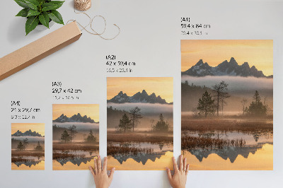 Art print Mountains, trees, fog, calm water, reflection
