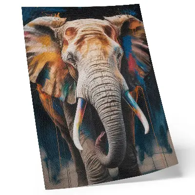 Art print featuring a colorful elephant silhouette with modern surrealist accents