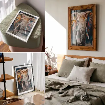 Art print featuring a colorful elephant silhouette with modern surrealist accents