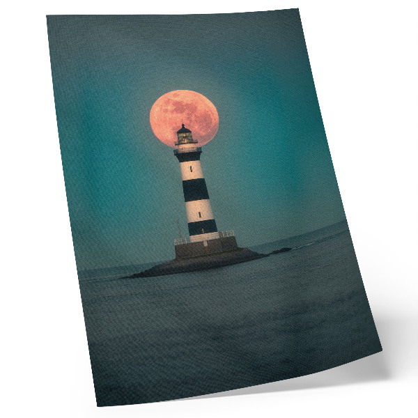 Art print Lighthouse and moon over the sea at sunset