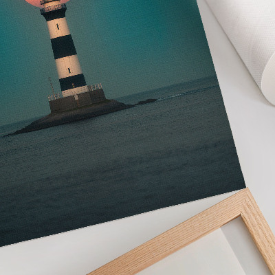 Art print Lighthouse and moon over the sea at sunset
