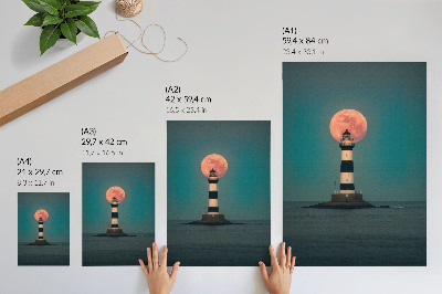 Art print Lighthouse and moon over the sea at sunset