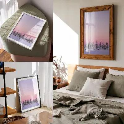 Decorative poster featuring winter trees under a moody pastel sky