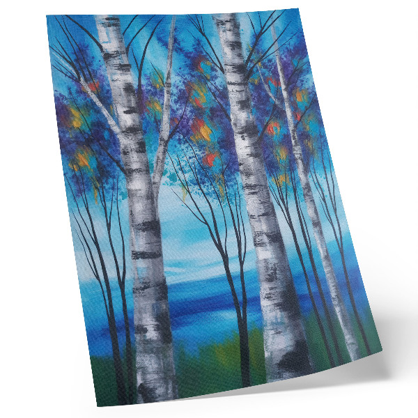 Art print Colorful birch trees with a blue background and warm accents