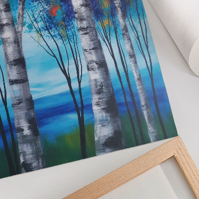 Art print Colorful birch trees with a blue background and warm accents