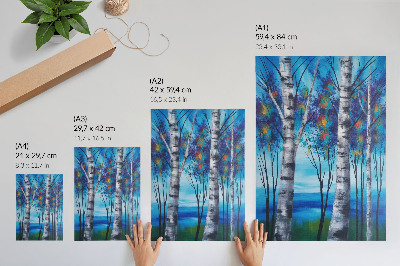 Art print Colorful birch trees with a blue background and warm accents