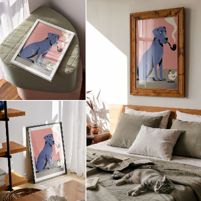Premium wall art Blue dog with pipe hen pink background